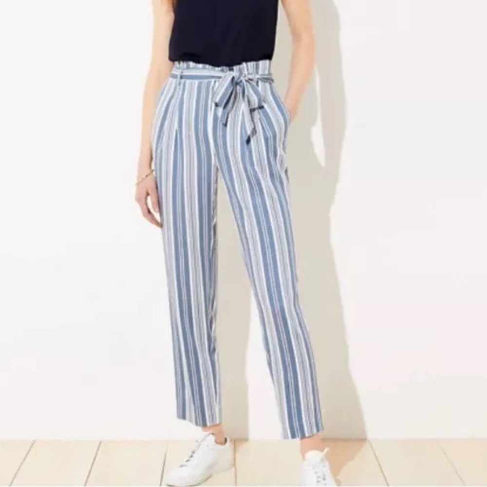 LOFT | Striped High Rise Paperbag Elastic Waist Tapered Pant Blue Size Medium - Picture 1 of 8